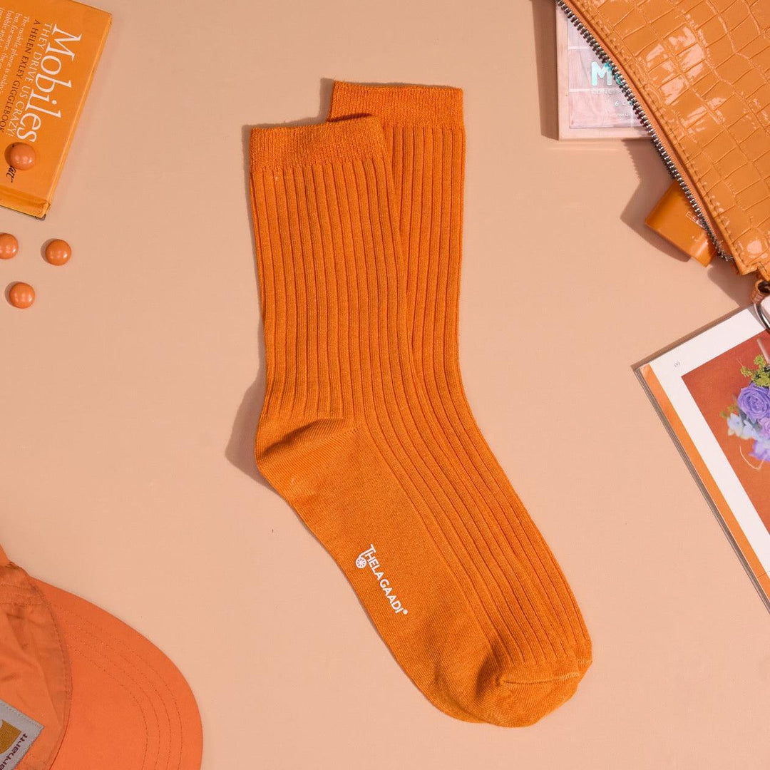 Orange Solid Ribbed Socks