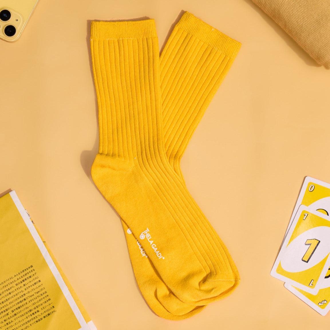 Yellow Solid Ribbed Socks